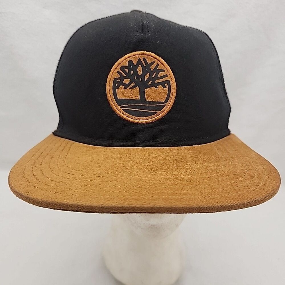 Cap Timberland Black Snap Back Brown Faux Suede Flatbrim Trucker Hat Patch New